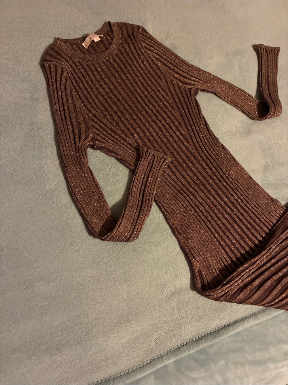 Ribbed Metallic Brown Long-Sleeve Women's Sweater Dress